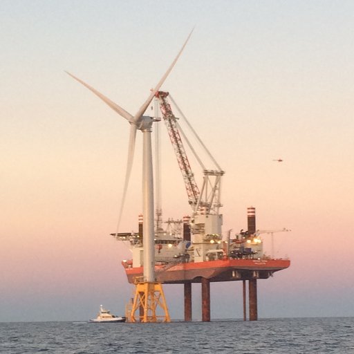 An offshore wind turbine under construction at the Block Island Wind Farm near Block Island, Rhode Island. 