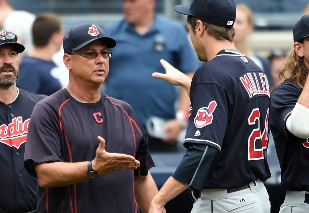 Cleveland Indians relief pitcher Andrew Miller is congratulated by manager Terry Francona after the Indians beat the New York Yankees in August.
Associated Press/Kathy Kmonicek