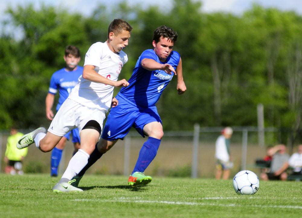 Cony's Bradley Houston, left, and Lawrence's Cameron Carpenter chase after the ball during a game Friday in Augusta.