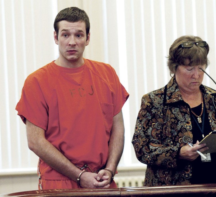 Timothy Danforth, charged with murder in connection with a fatal shooting in Wilton, listens to proceedings during a bail hearing Wednesday in Franklin County Superior Court in Farmington. At right is attorney Sarah Glynn. 