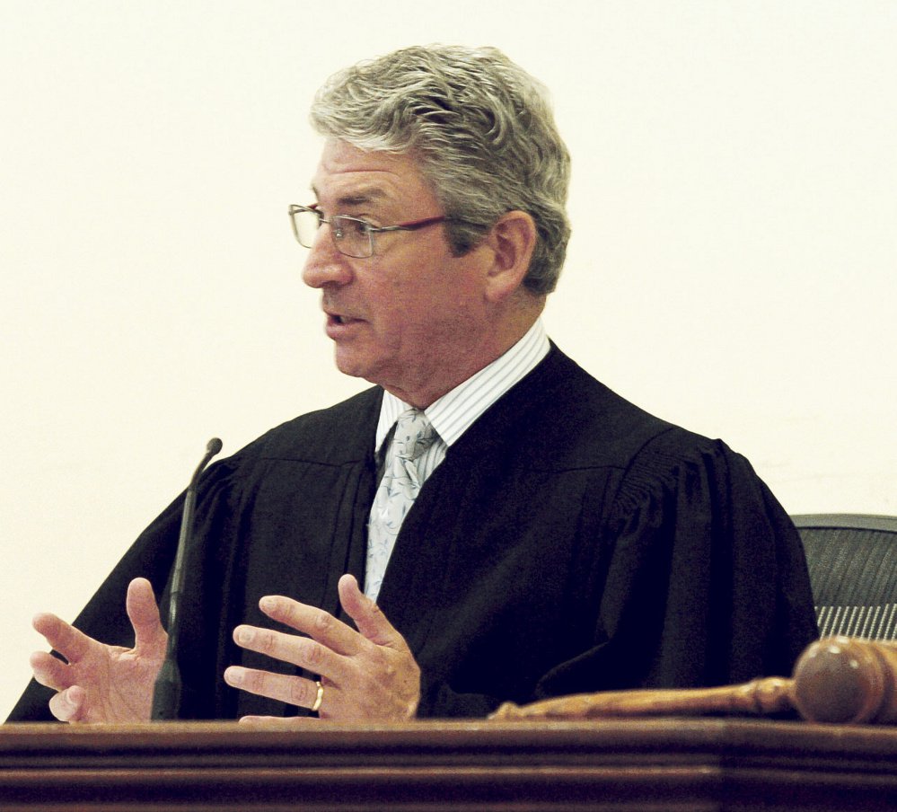 Justice William Stokes speaks during a bail hearing Wednesday in Franklin Superior Court in Farmington for defendant Timothy Danforth, who is charged with murder in connection with the shooting death of Michael Reis in Wilton. 