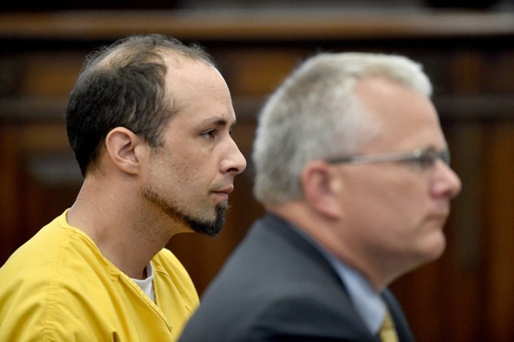 Luc Tieman sits with his defense attorney, Stephen Smith, during an appearance in Somerset County Superior Court in Skowhegan on Friday. 