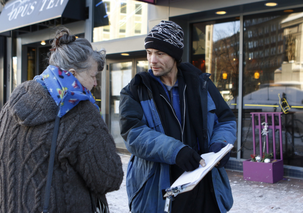 Brandon Scott works in January in Portland to collect signatures to get a casino referendum question on this year's November ballot. The petition effort eventually failed.