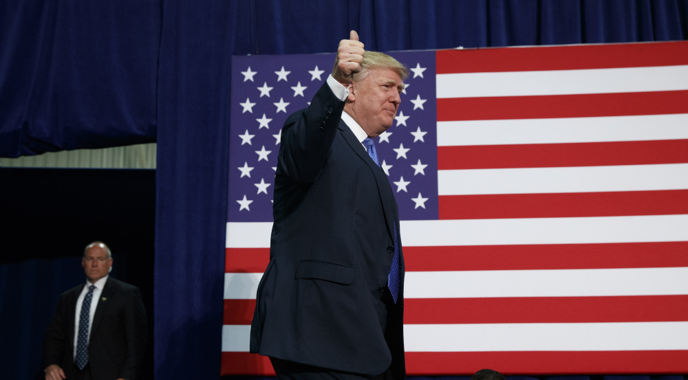 Republican presidential candidate Donald Trump arrives to speak at a campaign rally Friday in Fletcher, N.C.