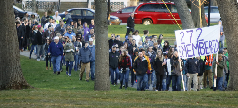 Over 200 people marched from Monument Square to Deering Oaks in Portland on May 8 for a candlelight vigil to remember the 272 Mainers who died of overdoses in 2015. That record is likely to be eclipsed this year.