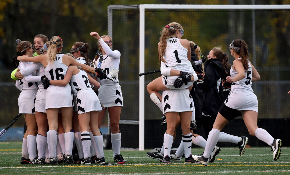 The Skowhegan High field hockey team has this celebration thing down. The Indians beat Massabesic, 2-1, in Bath on Saturday for their 14th Class A state championship in 16 years.