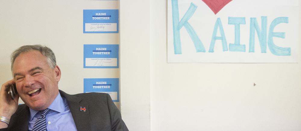 Democratic Vice Presidential candidate Sen. Tim Kaine mans a phone at a Clinton/Kaine campaign office in Portland. "Call time is deeply ingrained political campaigns," an officer of Maine Citizens for Clean Elections says.