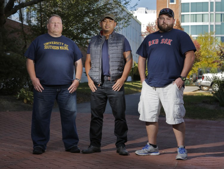 Combat veterans Andrew Breault, San Pao, and Chris Stover. All three are enrolled or are about to enroll at the University of Southern Maine, working toward making new lives for themselves following their wartime service.