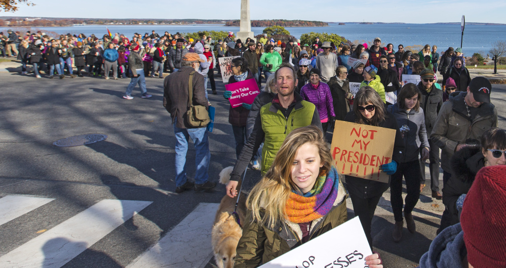 PORTLAND, ME - NOVEMBER 12: Hundreds of protesters march from Eastern to Western Promenade to protest President-Elect Donald Trump. (Photo by Ben McCanna/Staff Photographer)