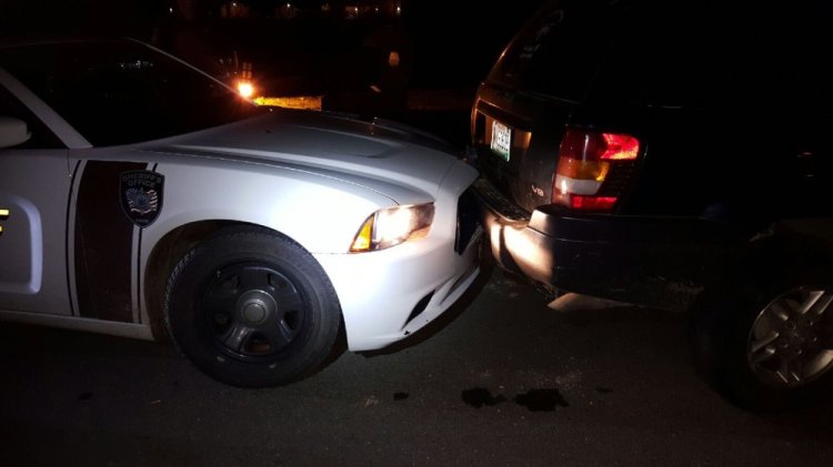 A 2004 Jeep operated by Nathan Rasmussen was reportedly driving down School Street on the wrong side of the road, leading to the man's arrest after he allegedly backed into a police cruiser and kicked an officer. Photo courtesy of Waldo County Sheriff's Office