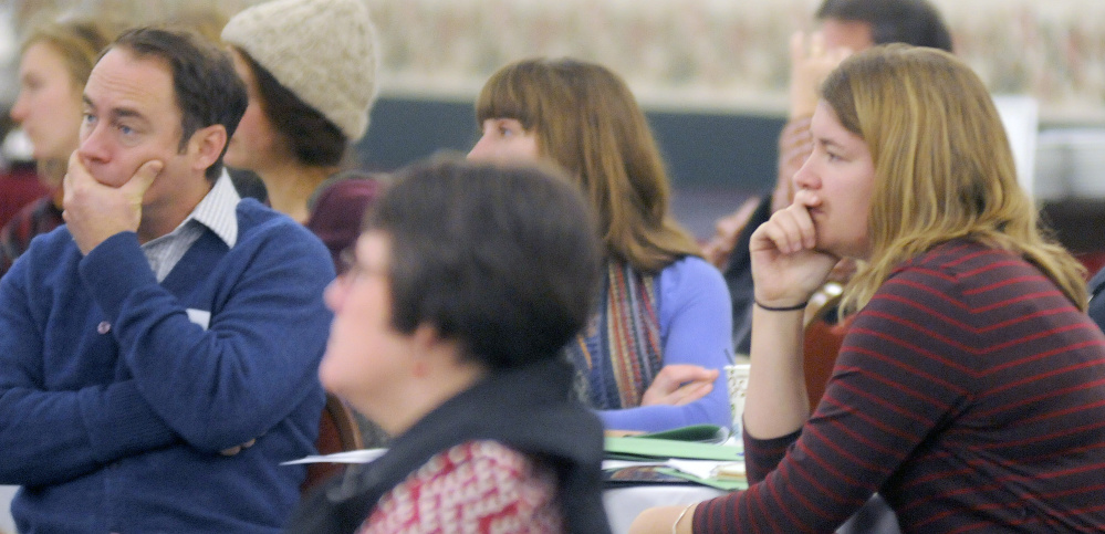 People listen to Brian Donahue speak Monday at the Maine Farmland Access Conference in Augusta.