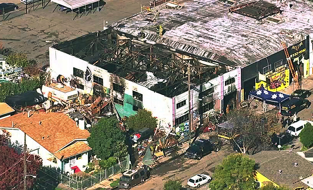 This image from video provided by KGO-TV shows the Ghost Ship Warehouse after the fire. Via AP