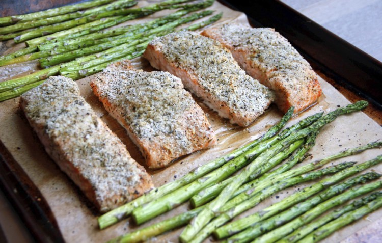 A sheet-pan supper of salmon and asparagus.