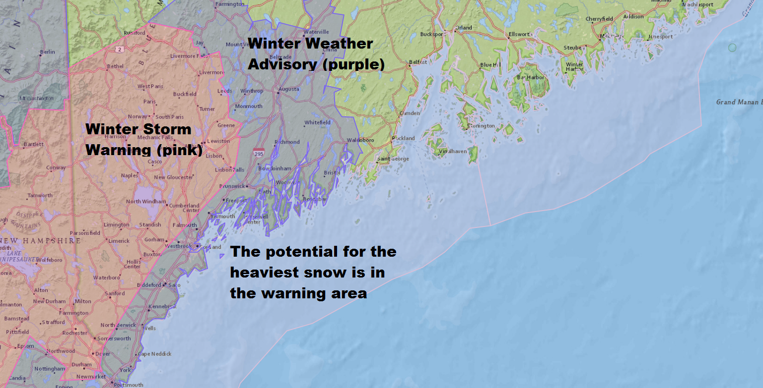 Winter storm warnings and winter weather advisories are posted for much of southern Maine