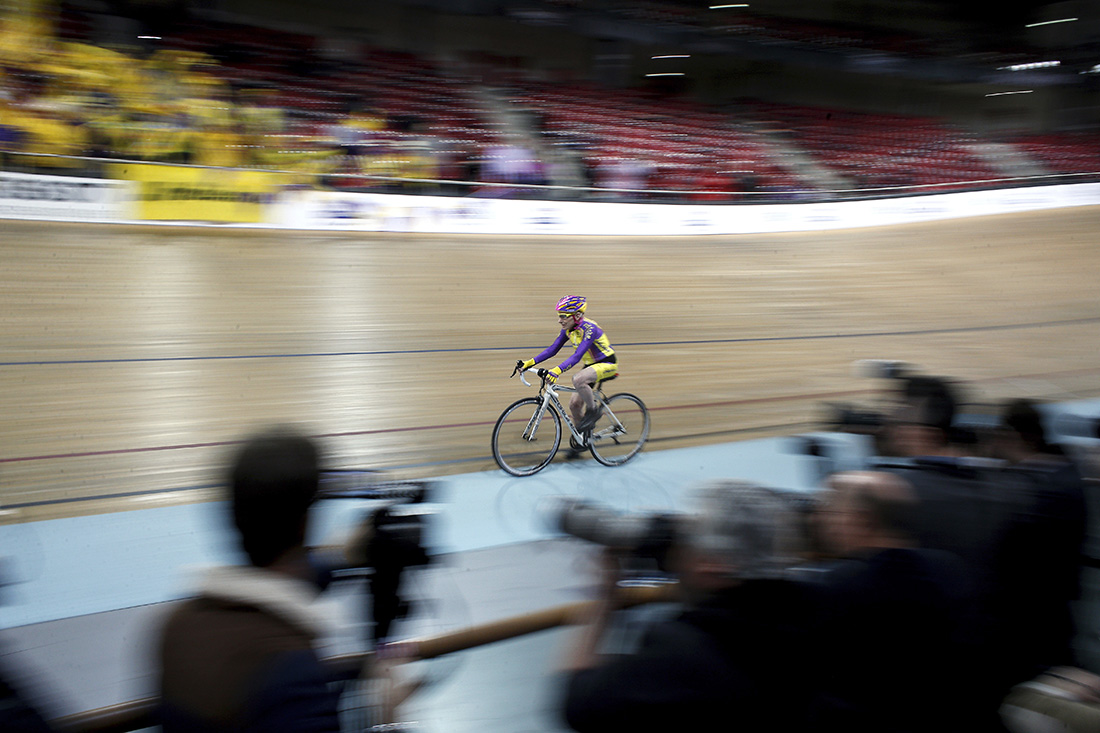 French cyclist Robert Marchand, 105, cycles in a bid to beat his record for distance cycled in one hour, at the velodrome of Saint-Quentin en Yvelines, outside Paris, Wednesday, Jan. 4, 2017. (AP Photo/Thibault Camus)