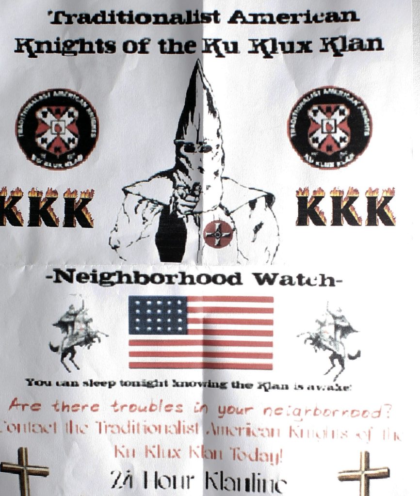 This Ku Klux Klan flier, which was originally folded into a sandwich bag, weighted with pebbles and left at the end of a driveway on South Freeport Road, is one of about two dozen such fliers found by Freeport residents Monday morning. The crudely printed flier reads, "You can sleep tonight knowing the Klan is awake. ... Are there troubles in your neighborhood? Contact the Traditionalist American Knights of the Ku Klux Klan Today!" 