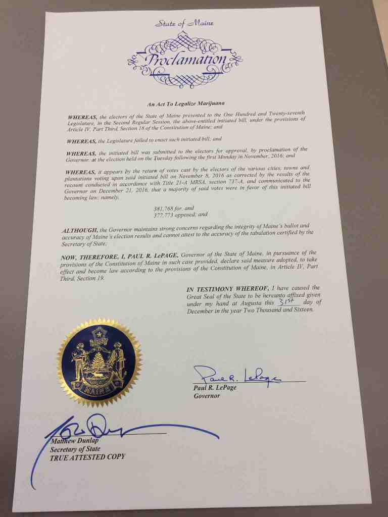 The signed proclamation for Question 1, which legalized recreational marijuana in Maine.