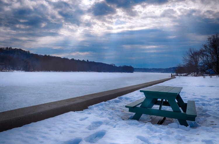 This photo taken on Friday shows the Kennebec River in Hallowell, which sometimes floods following snow melt and rain.