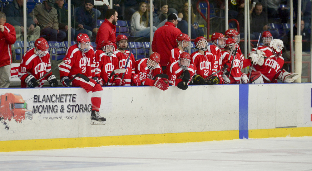 The Cony bench is subdued after a disappointing 2-1 loss to Bangor in the Class A North semifinals Saturday in Lewiston.