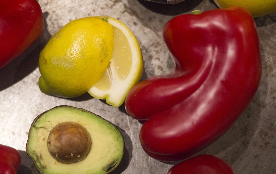 Fruits and vegetables that have superficial flaws are set aside and put in the "misfit" display at the Hannaford store in Yarmouth. The produce is perfectly good on the inside, but is oddly shaped or has some scarring on its skin, and is sold for as much as 30 percent off.