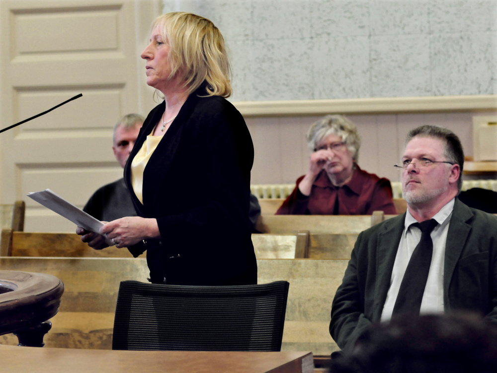 Leiza Hirtz-Scerbo and Jerry Allen, of Care and Share Food Closet, speak Thursday in Franklin County Superior Court in Farmington about the effect of Mary O'Donal's theft of about $300,000 from the organization.