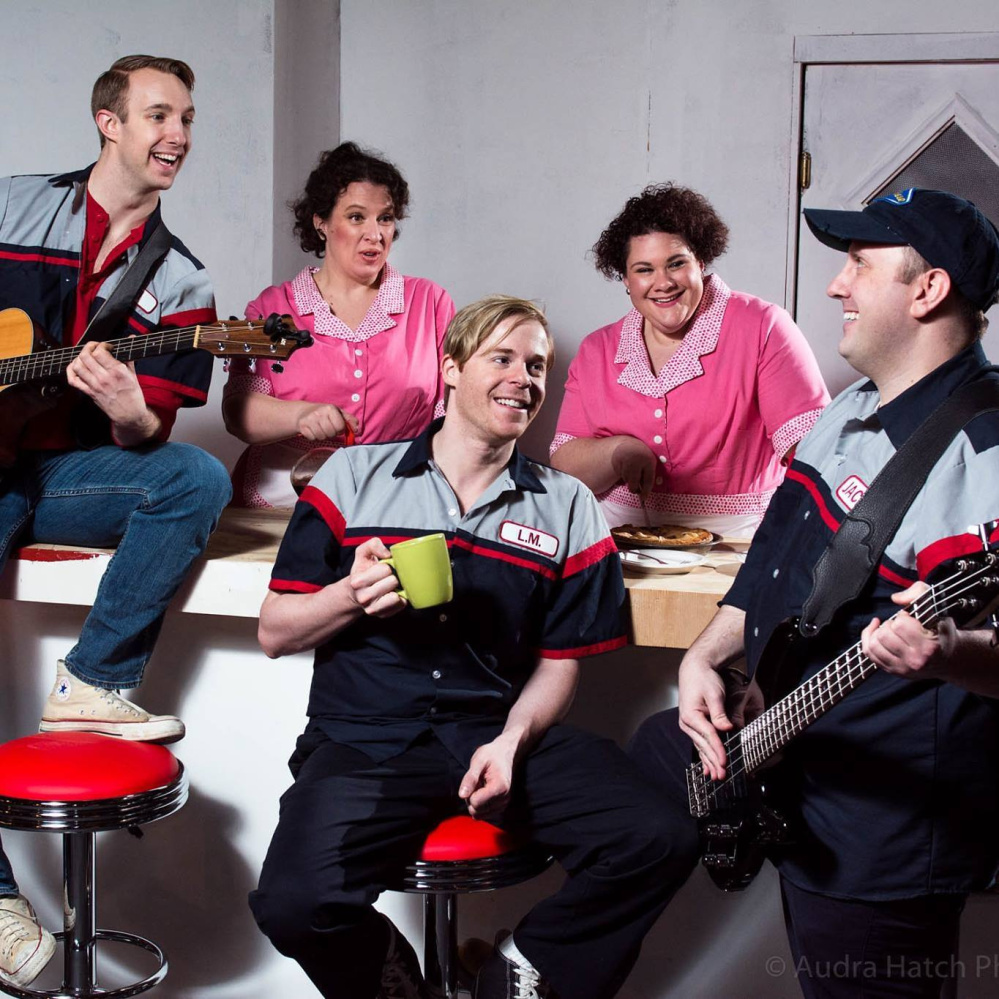 Joel Crowley as Jim, Sara Sturdivant as Prudie Cupp, Kevin Smith as L.M., Kelsey Franklin as Rhetta Cupp and Jason Phillips as Jackson in "Pump Boys & Dinettes" at Biddeford City Theater. 
Photo by Audra Hatch/Courtesy of City Theater