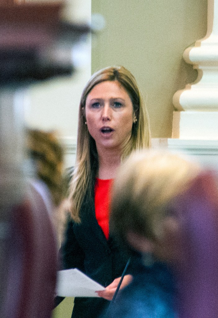 Democratic Rep. Erin Herbig speaks during the debate Thursday on whether the House Ethics Committee should investigate whether Rep. Ryan Tipping, D-Orono, violated ethics rules when he was paid by a political action committee to work in support of a ballot question last year.