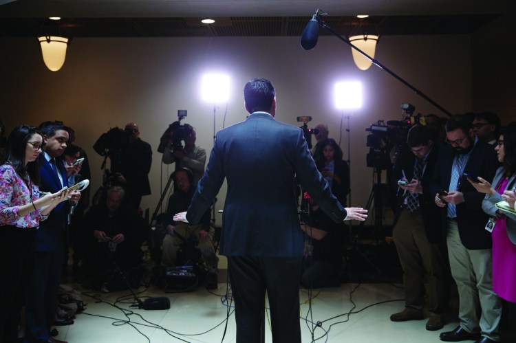 House Intelligence Committee Chairman Rep. Devin Nunes, R-Calif, speaks with reporters outside the White House following a meeting with President Trump on March 22. 