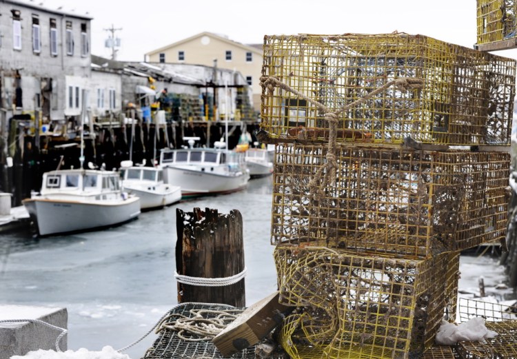 Lobster boats moored at Custom House Wharf in Portland.