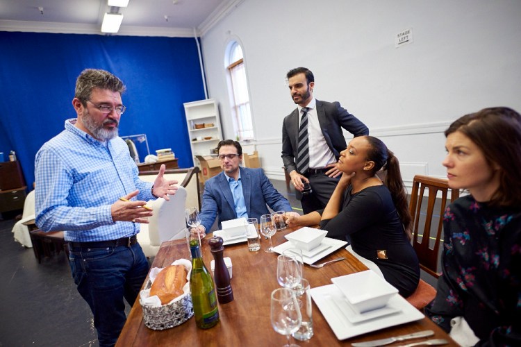 Director Chris Grabowski during a rehearsal of "Disgraced," with Jonas Cohen as Isaac, Alex Purcell as Amir, Robyn Payne as Jory and Roya Shanks as Emily.