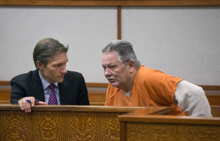 Theodore Thomes confers with his attorney, Devens Hamlen, during a bail hearing on May 16, 2017, at the Cumberland County Courthouse in Portland.