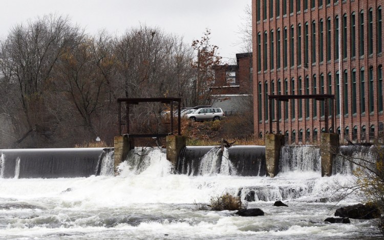 The Presumpscot River churns in 2010 at Saccarappa Falls in Westbrook. The Friends of Sebago Lake group wants the river cleared to allow for the passage of anadromous fish.