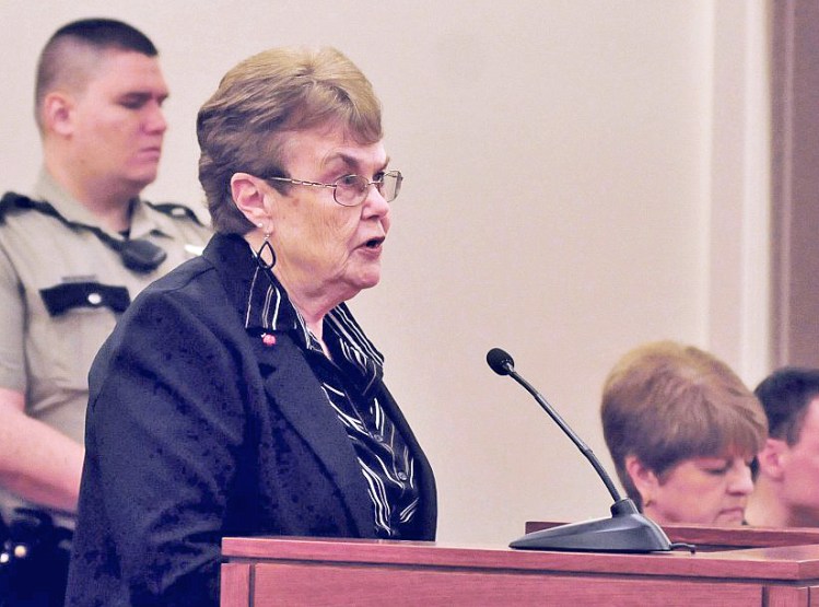 Assault victim Linda Alderson speaks Monday during a hearing at the Capital Judicial Center in Augusta where Mark Halle was sentenced to 27 years in prison.