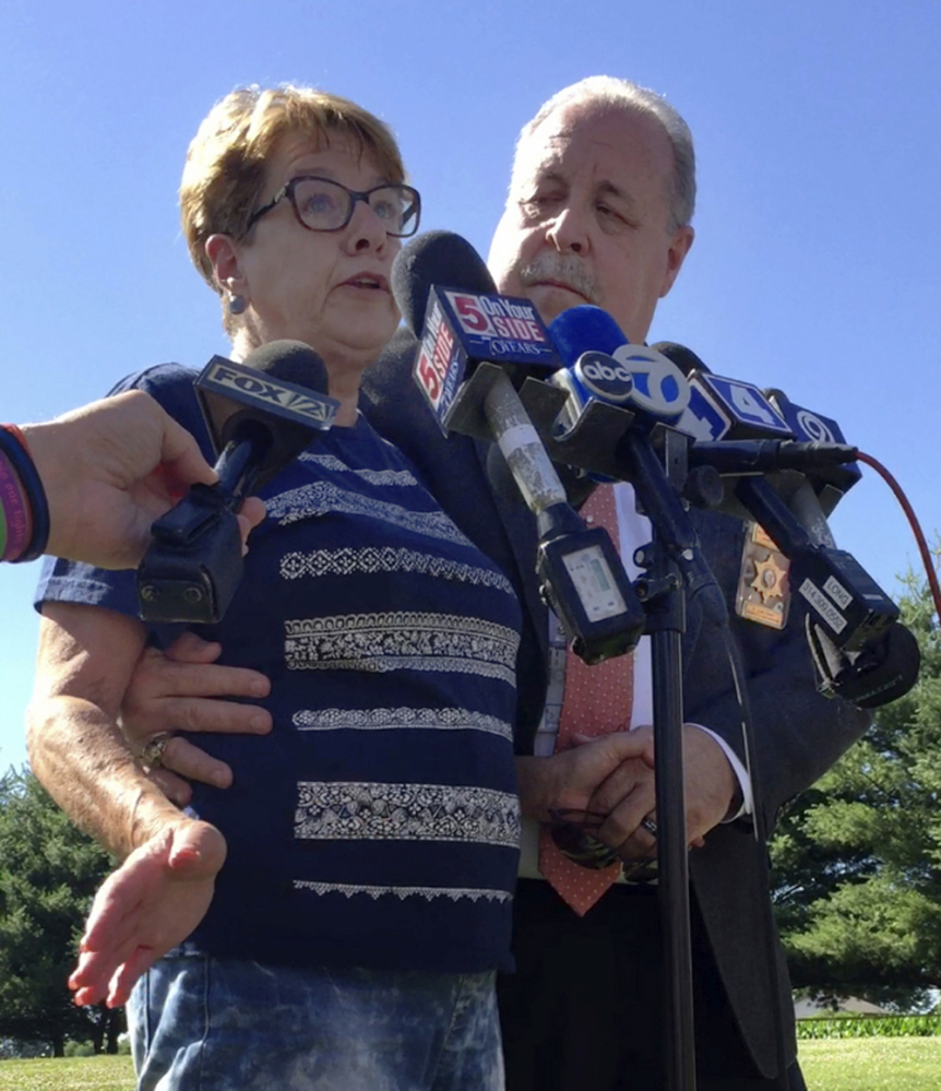 Suzanne Hodgkinson talks to reporters about her husband, James Hodgkinson, on Thursday in Belleville, Ill. She said she thought her husband went to Washington because he wanted to work on tax policy.