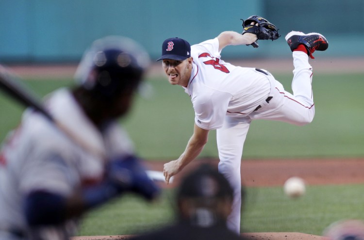 Red Sox starter Chris Sale delivers in the first inning against the Twins. Sale got the win, pitching into the seventh inning and giving up just one run on four hits.