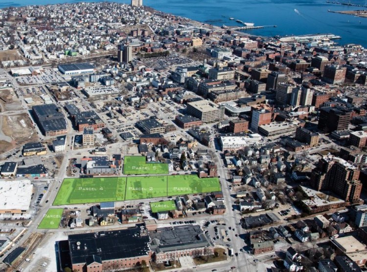 The six parcels once used by the public works department and now open for development in Portland's West Bayside neighborhood are highlighted in green.