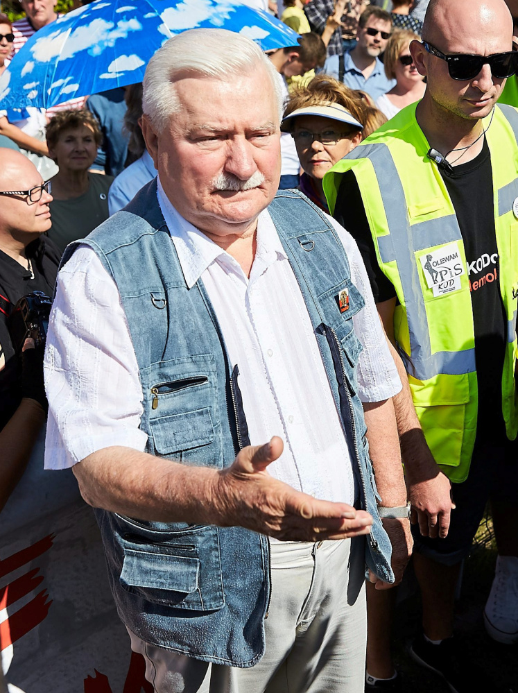 Former Polish President Lech Walesa attends a protest against Supreme Court legislation, in Gdansk on Saturday.