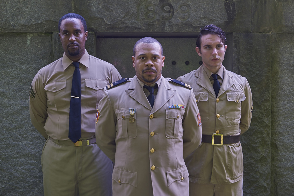 From left: Ryan Vincent Anderson as Iago, Wardell Jlius Clark as Othello and Bradley Wilson as Cassio in Theater at Monmouth's "Othello."