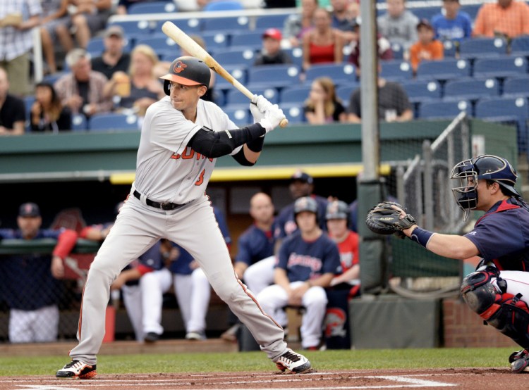 Former Deering High School player Ryan Flaherty up at bat for the Bowie Baysox at Hadlock field on Friday.