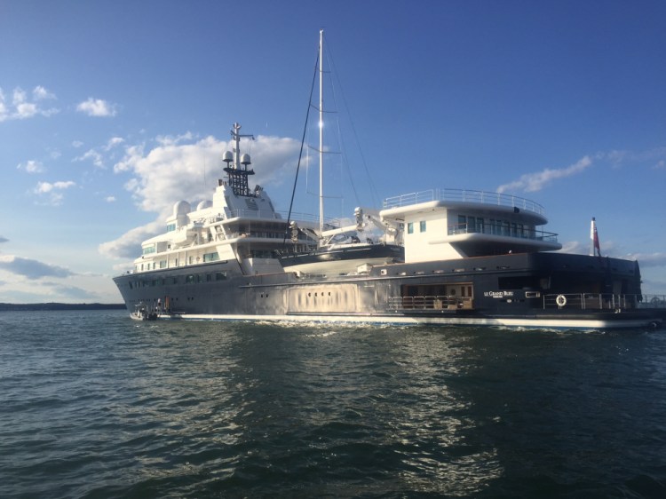 The 370-foot-long Le Grand Bleu is anchored near Fort Gorges on Sunday. It is listed as the 31st largest yacht in the world.