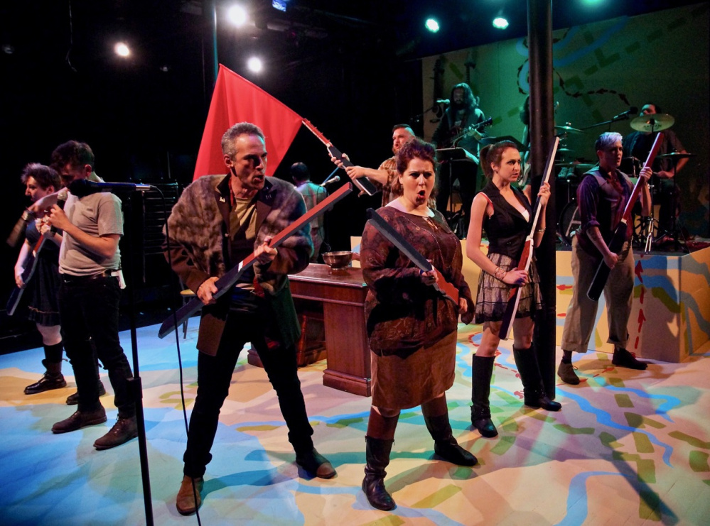 Front left to right, in circle, Megan Tripaldi (ensemble), Ryan Walker (Andrew Jackson), Mark Rubin (ensemble), Amanda Eaton (ensemble), Allison McCall (Rachel Jackson), Meredythe Dehne Lindsey.