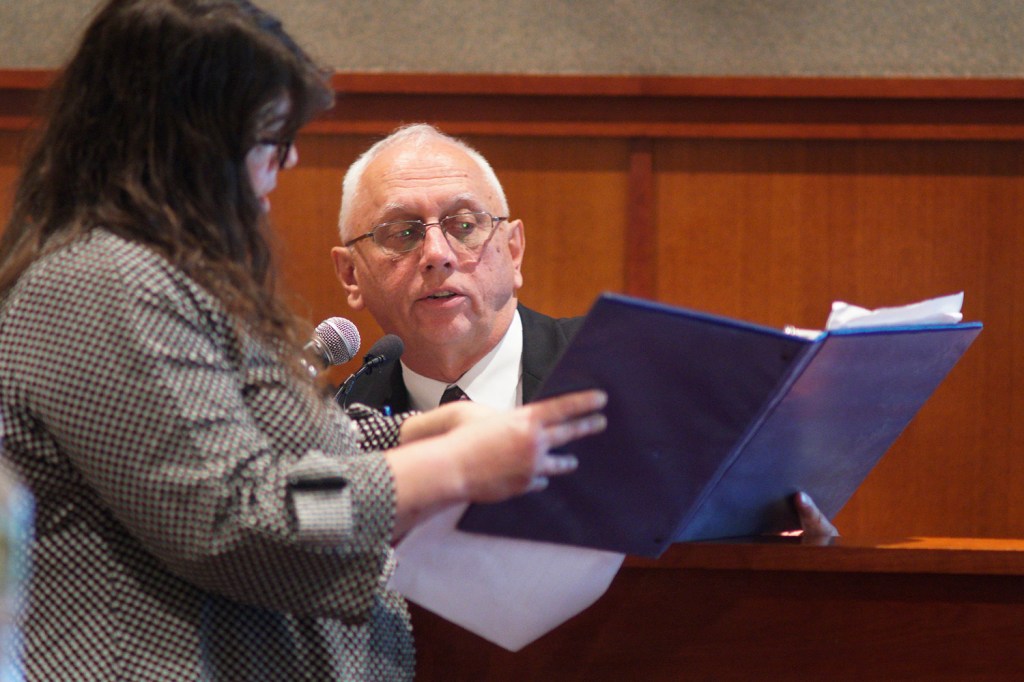 Anthony Sanborn's attorney, Amy Fairfield,  questions retired Portland detective James Daniels on Oct. 12.