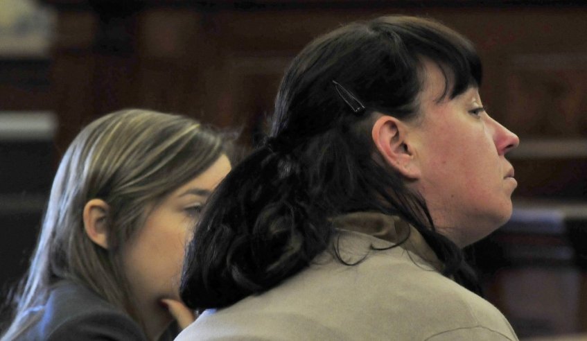 Defendant Miranda Hopkins, of Troy, right, listens to opening statements Tuesday in her manslaughter trial in Waldo County Superior Court in Belfast along with her attorney, Laura Shaw.