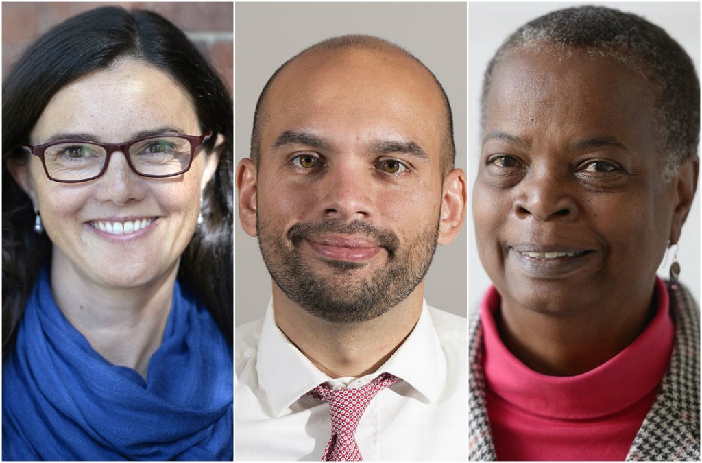 Portland City Council at-large candidates Bree Lacasse, left, Joey Brunelle and Jill Duson