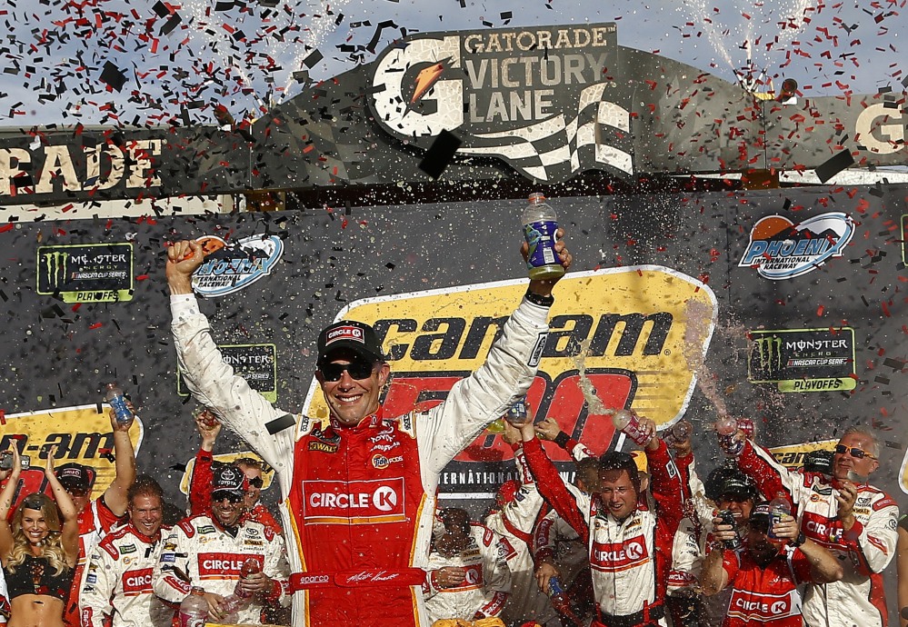 Matt Kenseth celebrates his victory in what may have been the next-to-last race of his Cup Series career. Kenseth is being replaced at Joe Gibbs Racing and does not have a team for next season.