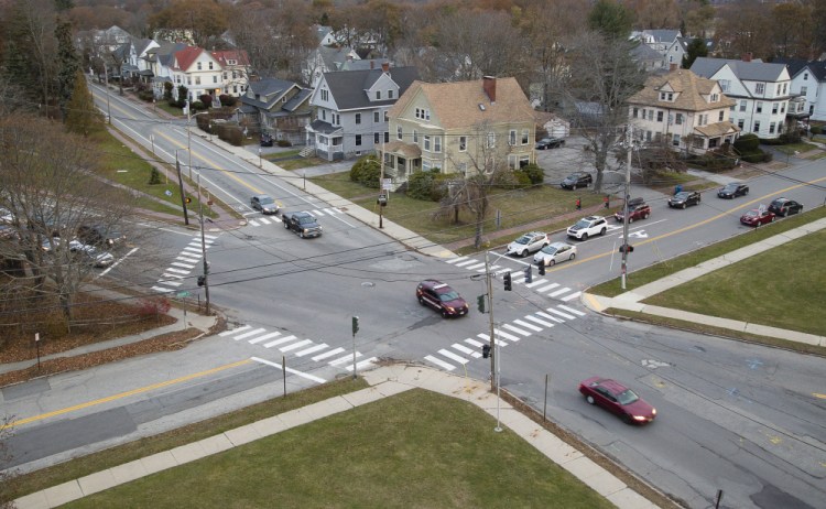 The University of Southern Maine will cede land at this intersection near the law school building, as part of a roundabout project. Construction will cost about $3 million and be primarily financed through federal highway funding.