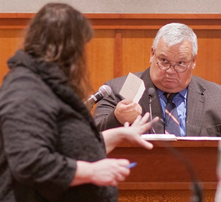 Former Portland detective Daniel Young looks for clarification from attorney Amy Fairfield on Thursday during the post-conviction review for Anthony Sanborn. Young was one of two primary detectives who investigated the murder of Jessica Briggs in 1989. Sanborn was convicted in 1992 of killing Briggs and served 27 years in prison until he was released on bail in April after one of the state's key eyewitness recanted.