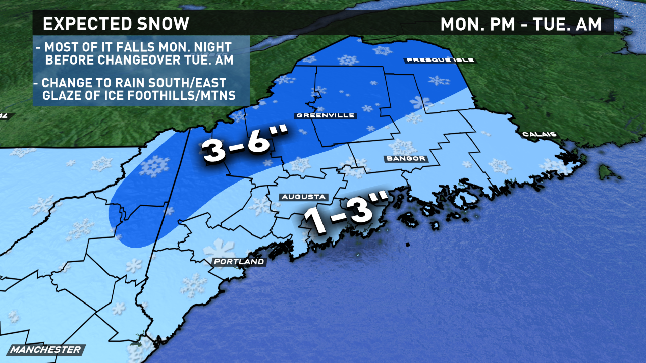 The snow forecast for Monday, Jan. 22, 2018 into Tuesday morning.