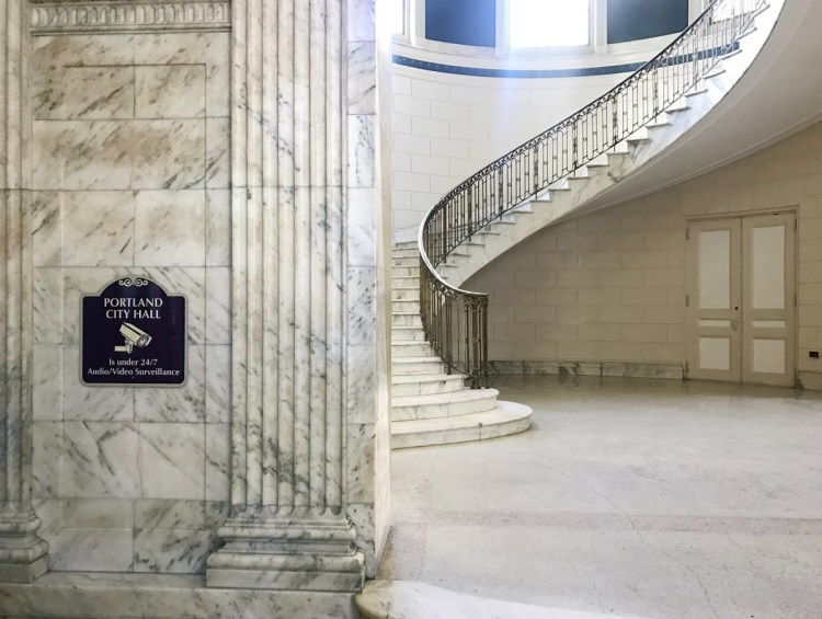 It's hard to miss technological advances at Portland City Hall, which has been equipped with surveillance cameras that videotape people inside the building and can also record audio. Small touch screens outside meeting rooms display the meeting calendars.