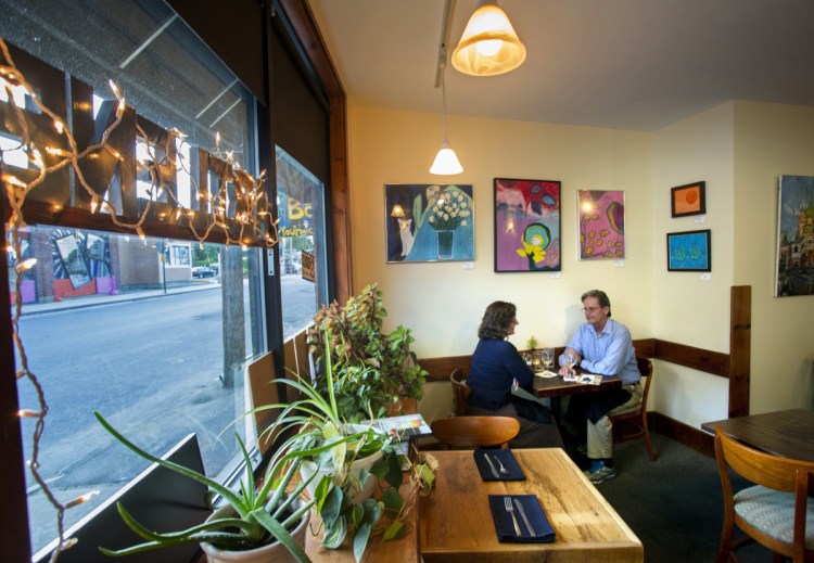 Joanna Brinker of Cumberland and Mike Freethy of Saco dine at Abilene restaurant in 2016. 
